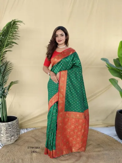 Traditional Banarasi Soft Silk Saree with Contrast Zari Weaving